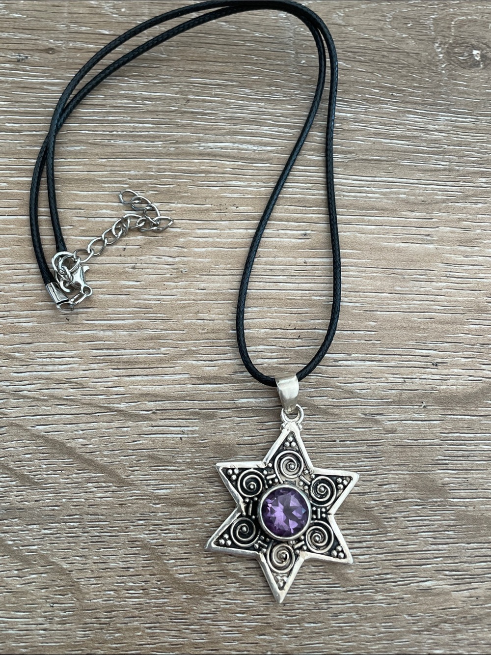 Silver Star Pendant Necklace with amethyst ,Black leather Cord